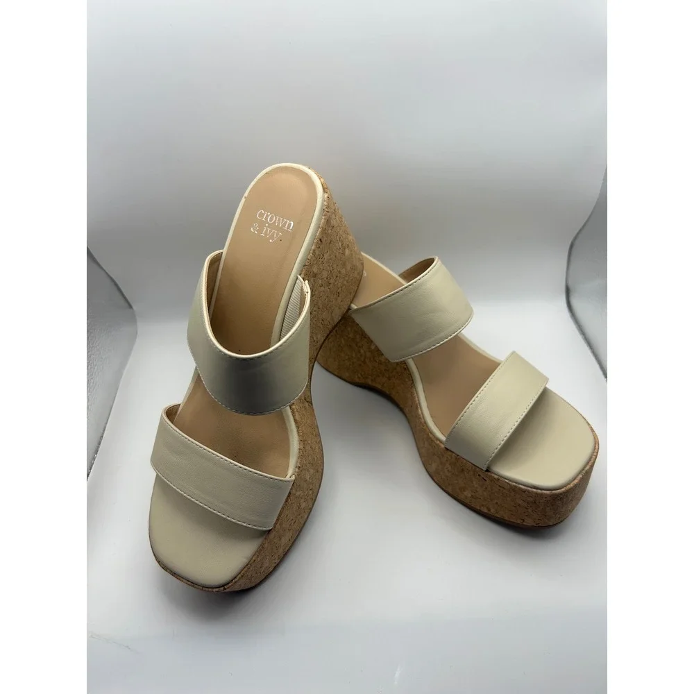 Crown Ivy Felicia Cream Wedge Slide Sandals Women's Size‎ 6.5 M Cork Platform